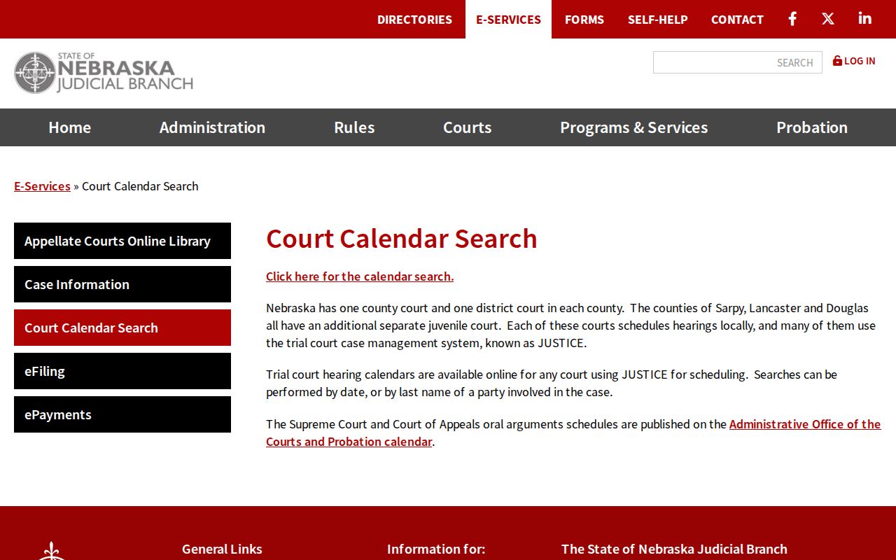 Knox County court dates Nebraska Judicial Branch calendar explanation